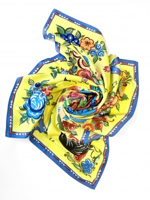 Русский платок «Городецкая роспись» с ручной подшивкой