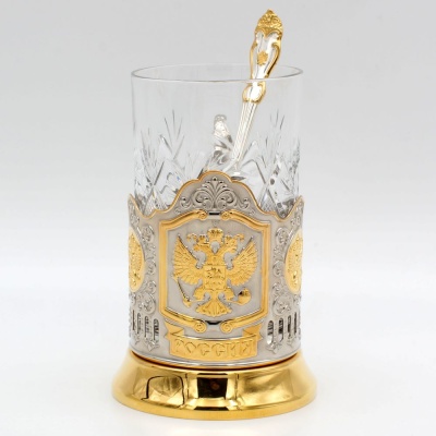 Подстаканник «Герб РФ» никелированный с позолотой со стаканом и ложкой