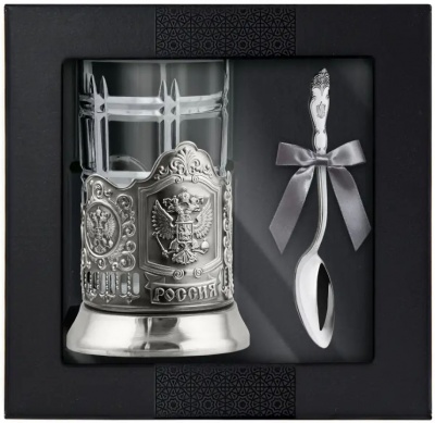 Подстаканник «Герб РФ» никелированный с чернением со стаканом и ложкой