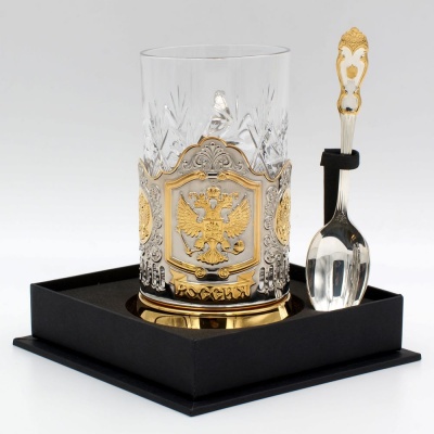 Подстаканник «Герб РФ» никелированный с позолотой со стаканом и ложкой