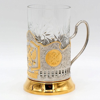 Подстаканник «Герб РФ» никелированный с позолотой со стаканом 